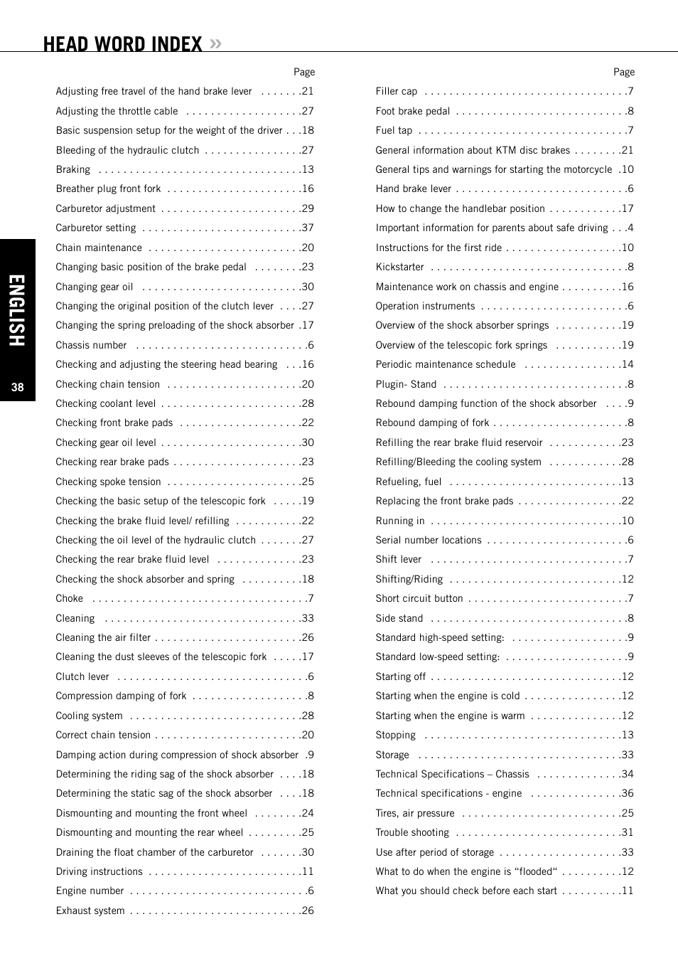 Head word index, English | KTM XC User Manual | Page 39 / 42