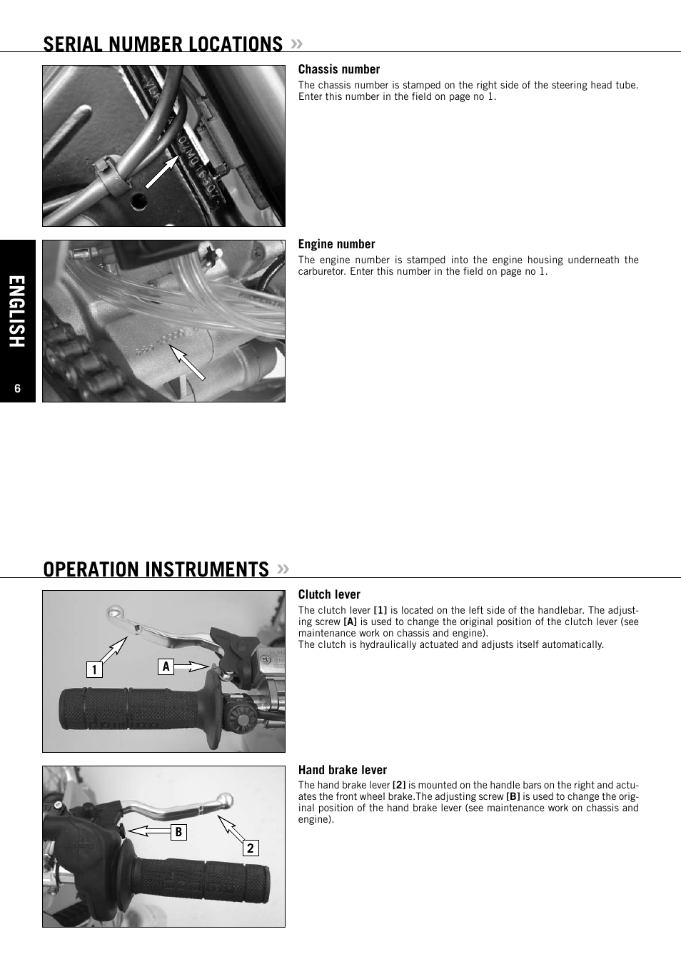 English, Serial number locations, Operation instruments | KTM XC User Manual | Page 7 / 42