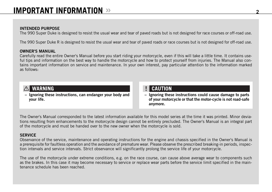 Important information | KTM 990 SUPER DUKE User Manual | Page 3 / 92