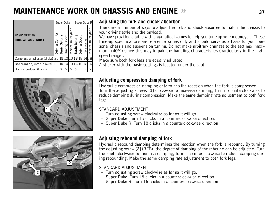 Maintenance work on chassis and engine | KTM 990 SUPER DUKE User Manual | Page 38 / 92