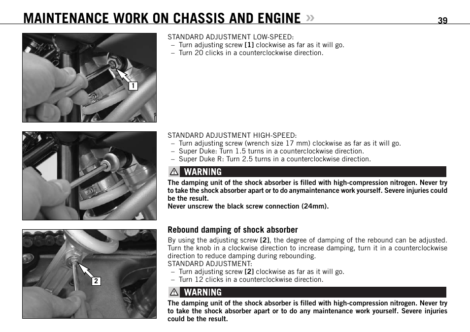 Maintenance work on chassis and engine | KTM 990 SUPER DUKE User Manual | Page 40 / 92