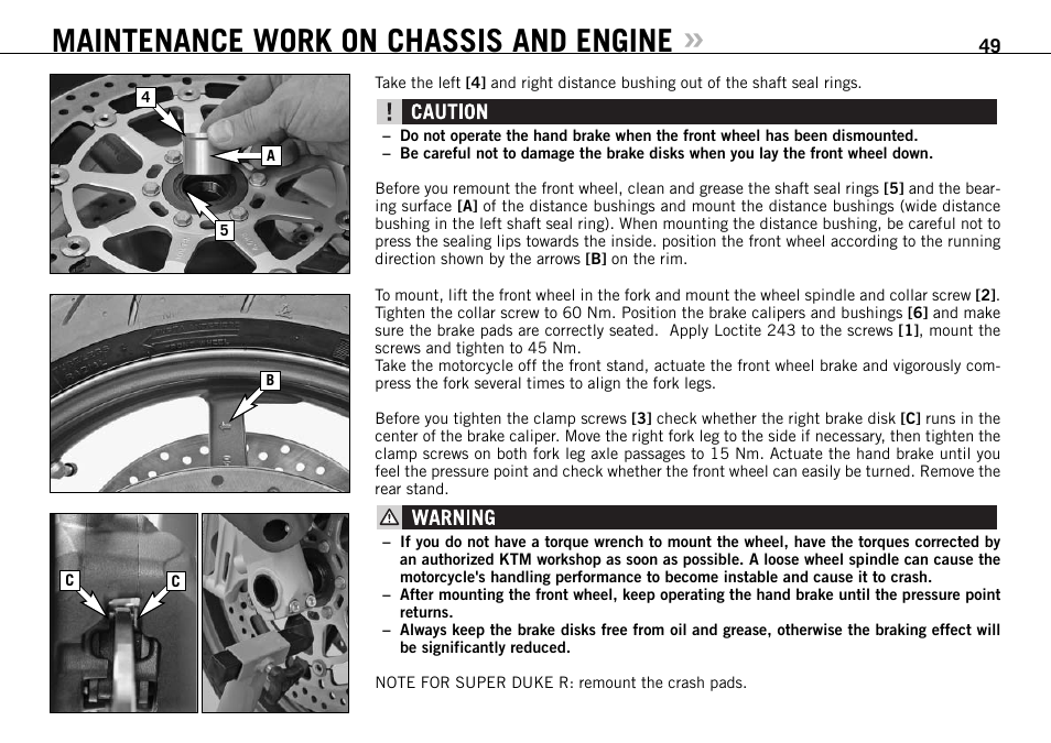 Maintenance work on chassis and engine | KTM 990 SUPER DUKE User Manual | Page 50 / 92