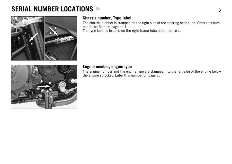 Serial number locations | KTM 990 SUPER DUKE User Manual | Page 7 / 92
