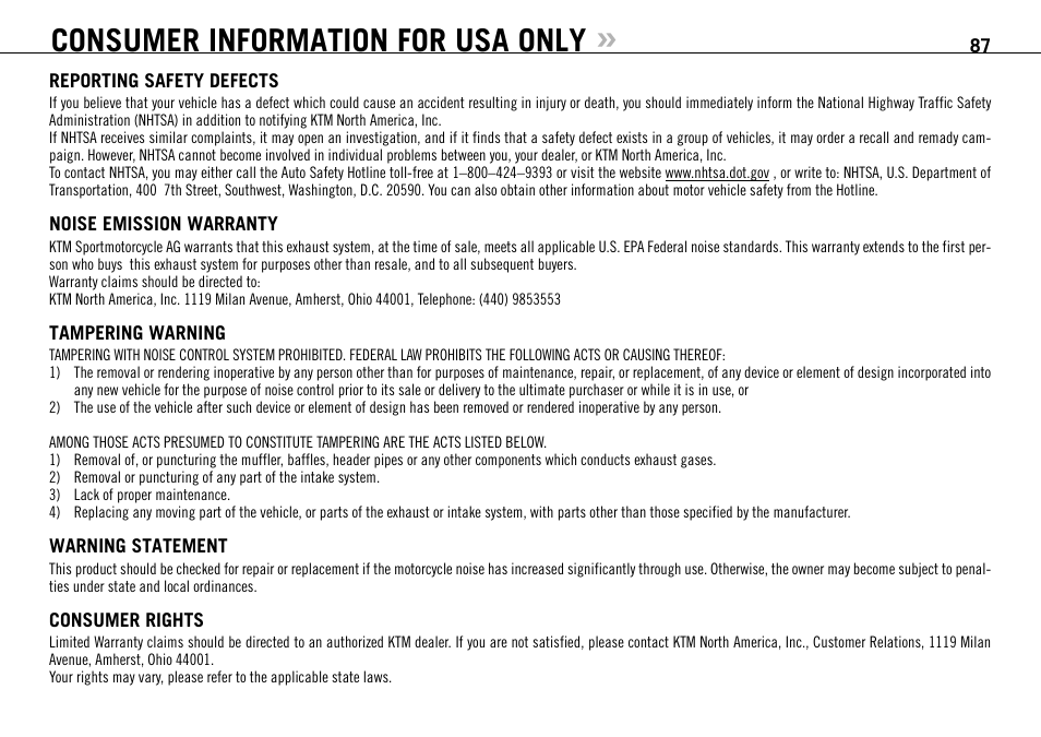 Consumer information for usa only | KTM 990 SUPER DUKE User Manual | Page 88 / 92