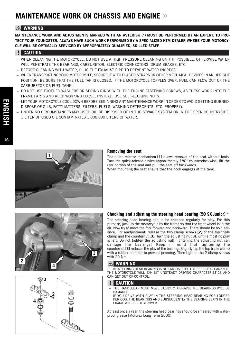 English, Maintenance work on chassis and engine | KTM 50 SUPERMOTO User Manual | Page 17 / 42