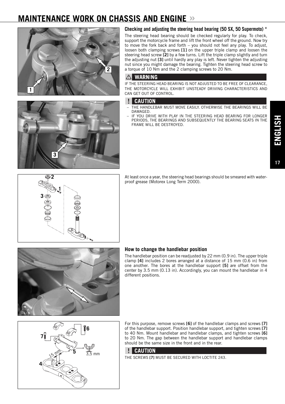 English, Maintenance work on chassis and engine | KTM 50 SUPERMOTO User Manual | Page 18 / 42