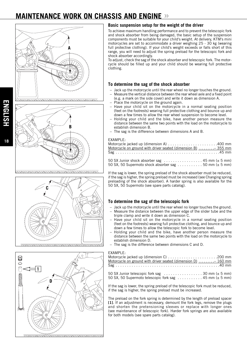 Ab c d, English, Maintenance work on chassis and engine | KTM 50 SUPERMOTO User Manual | Page 19 / 42