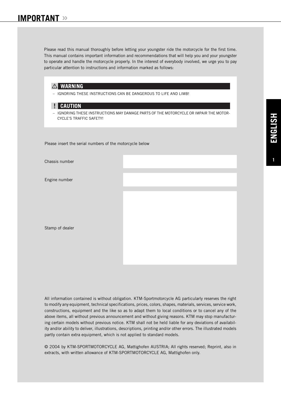 English, Important | KTM 50 SUPERMOTO User Manual | Page 2 / 42