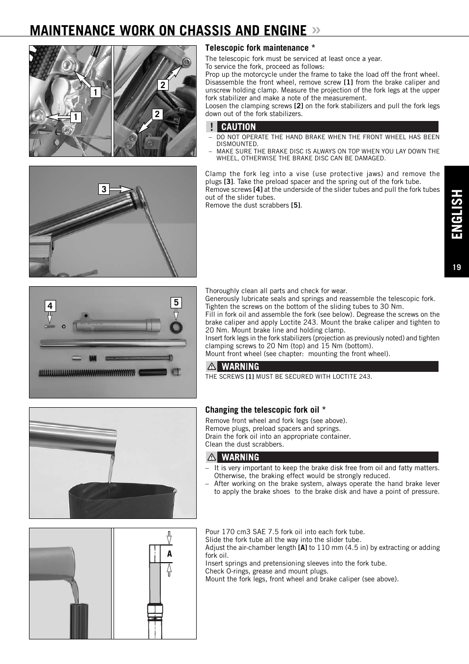 English, Maintenance work on chassis and engine | KTM 50 SUPERMOTO User Manual | Page 20 / 42