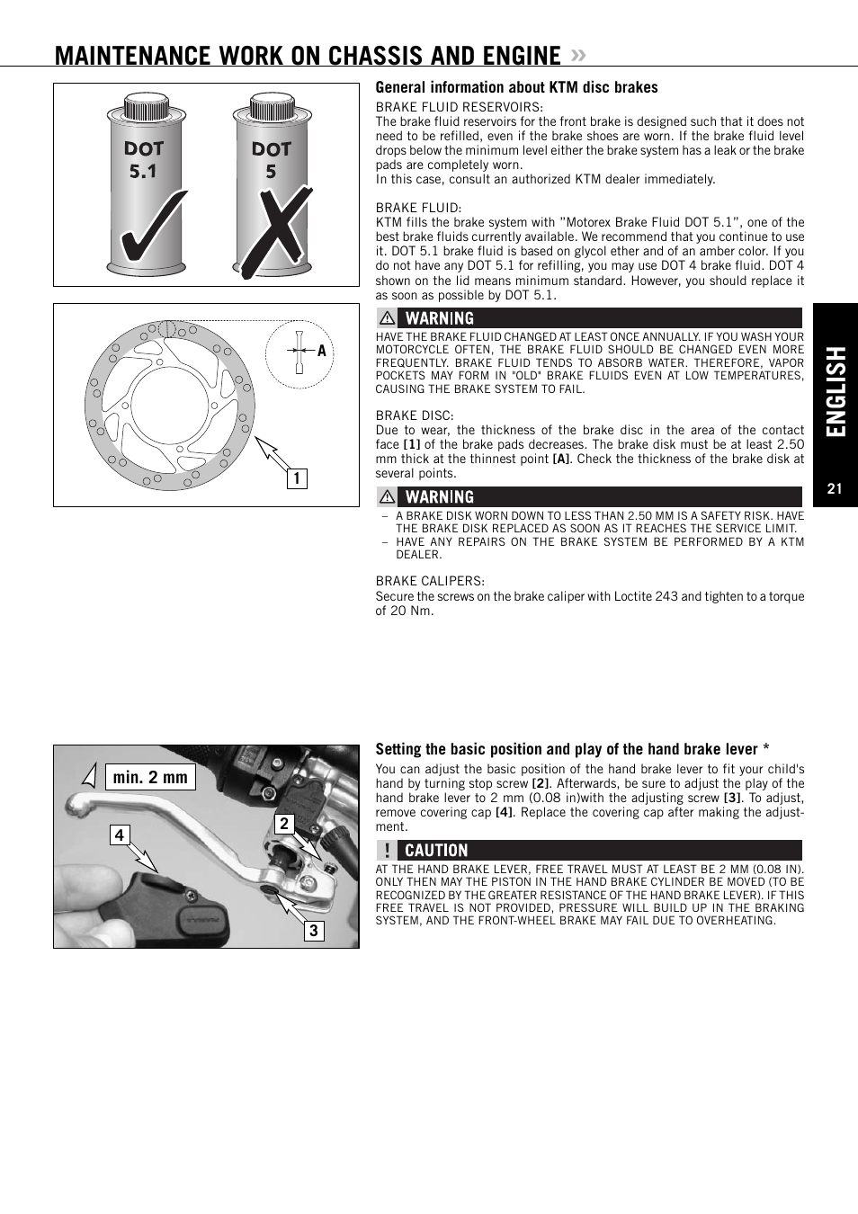 English, Maintenance work on chassis and engine, Min. 2 mm | KTM 50 SUPERMOTO User Manual | Page 22 / 42
