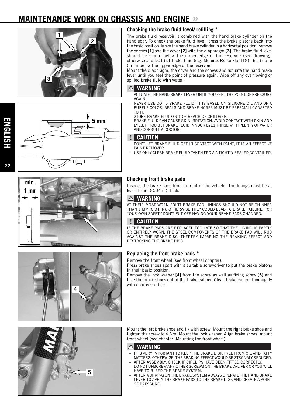 English, Maintenance work on chassis and engine, 5 mm min. 1 mm | KTM 50 SUPERMOTO User Manual | Page 23 / 42