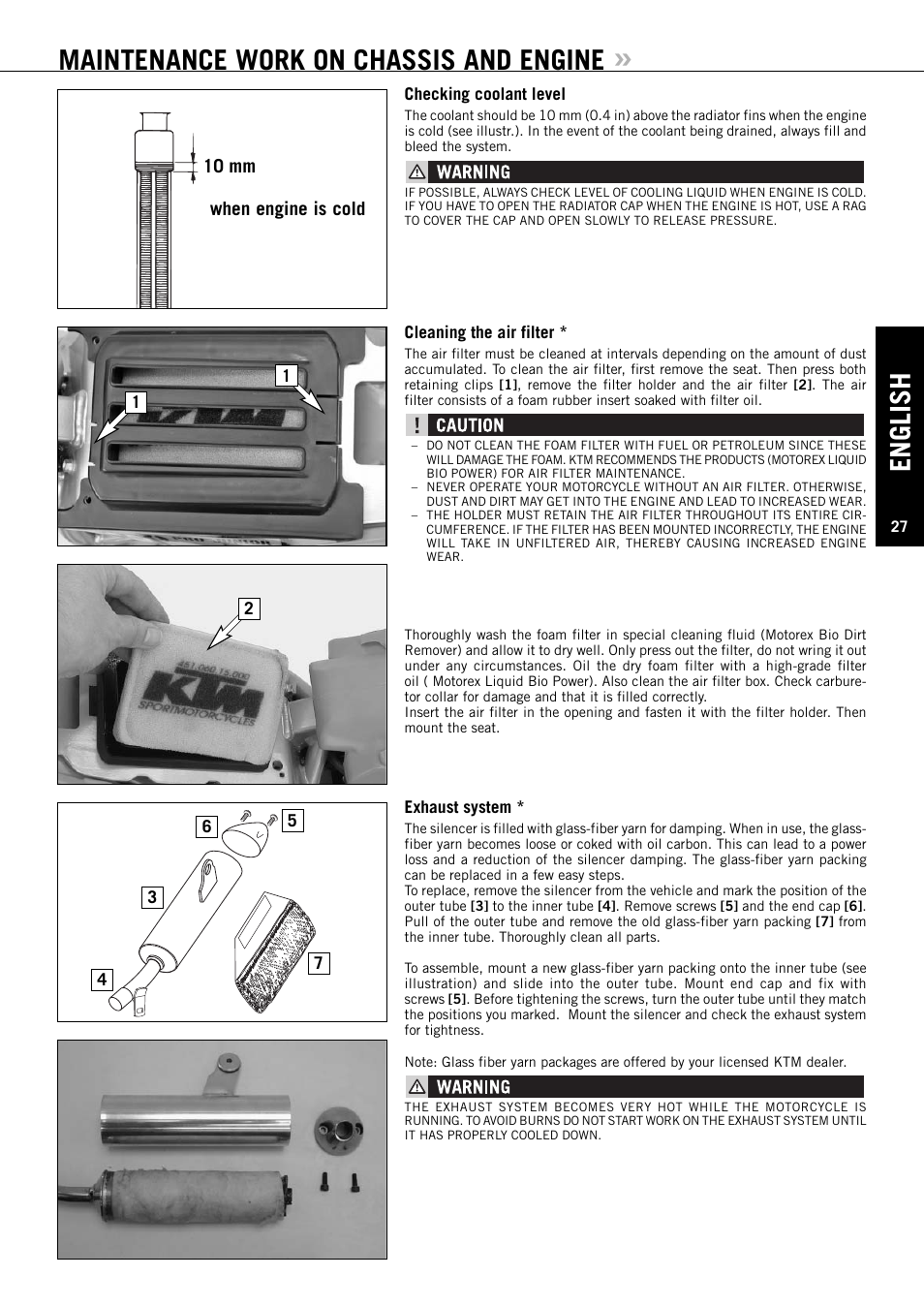 Maintenance work on chassis and engine, English, When engine is cold 10 mm | KTM 50 SUPERMOTO User Manual | Page 28 / 42