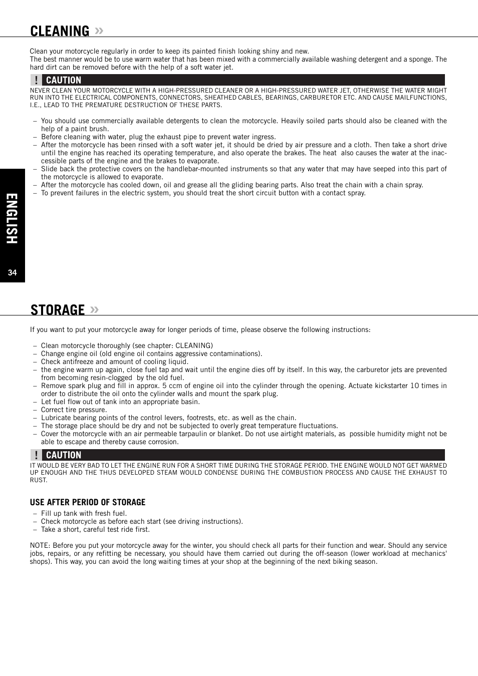 Cleaning, English, Storage | KTM 50 SUPERMOTO User Manual | Page 35 / 42