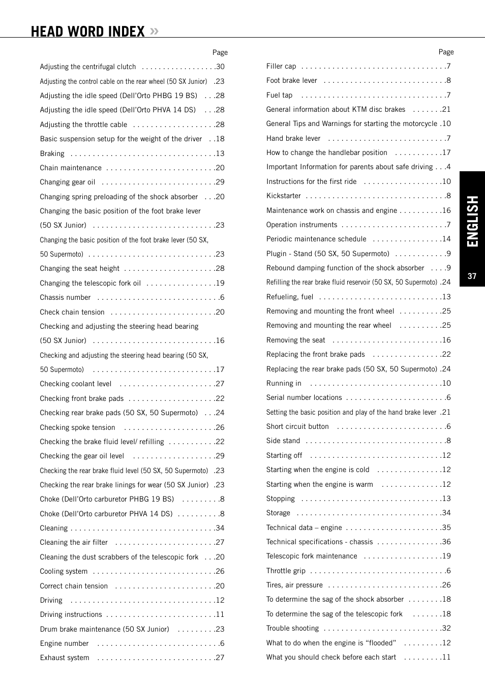 English, Head word index | KTM 50 SUPERMOTO User Manual | Page 38 / 42