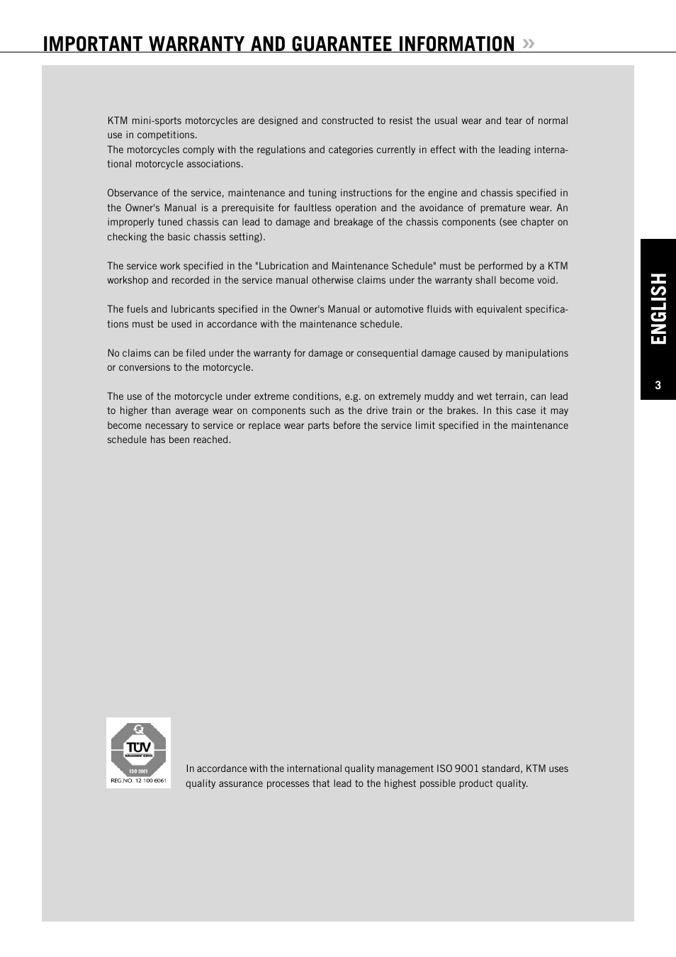 English, Important warranty and guarantee information | KTM 50 SUPERMOTO User Manual | Page 4 / 42