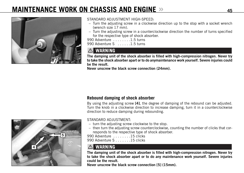 Maintenance work on chassis and engine | KTM 990 ADVENTURE S User Manual | Page 46 / 102