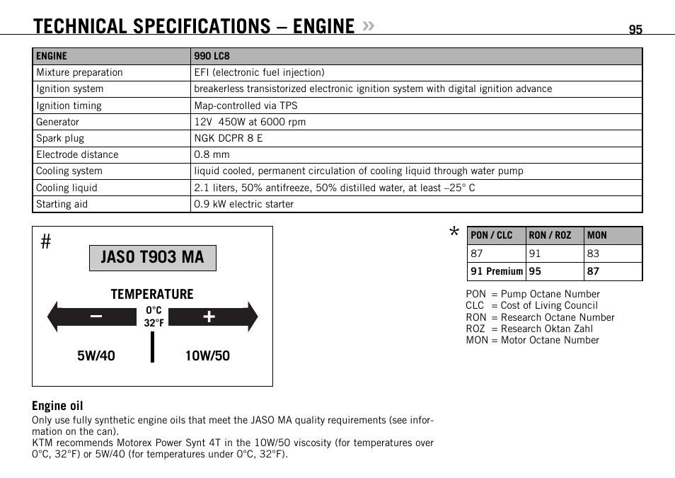 Technical specifications – engine, Jaso t903 ma | KTM 990 ADVENTURE S User Manual | Page 96 / 102