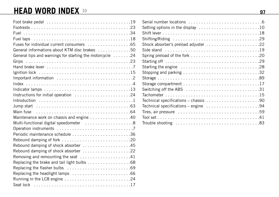 Head word index | KTM 990 ADVENTURE S User Manual | Page 98 / 102