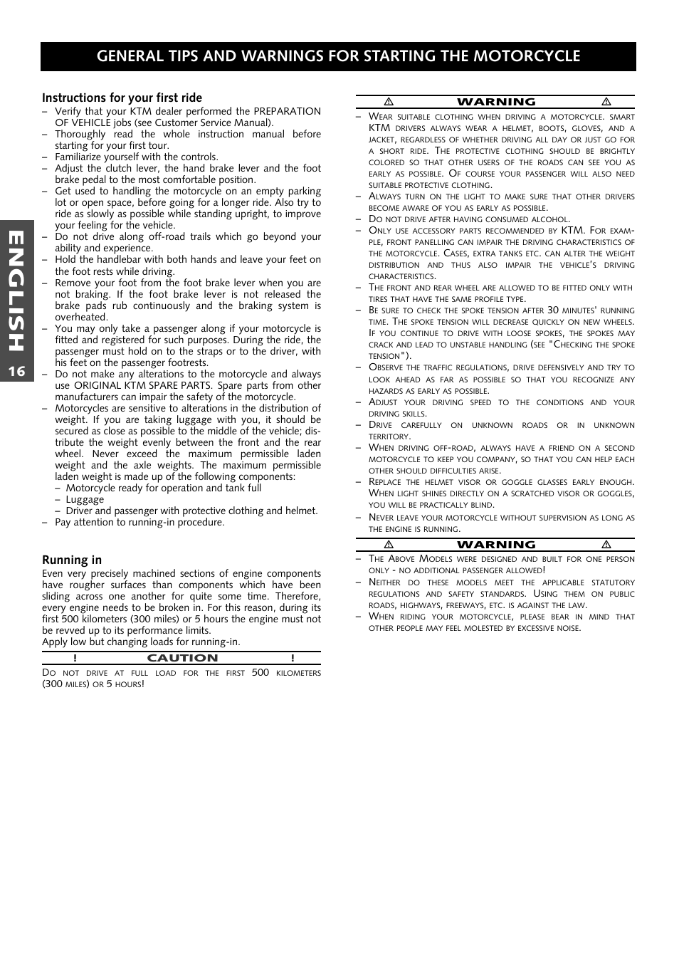 English, Instructions for your first ride, Running in | KTM 125 User Manual | Page 17 / 67