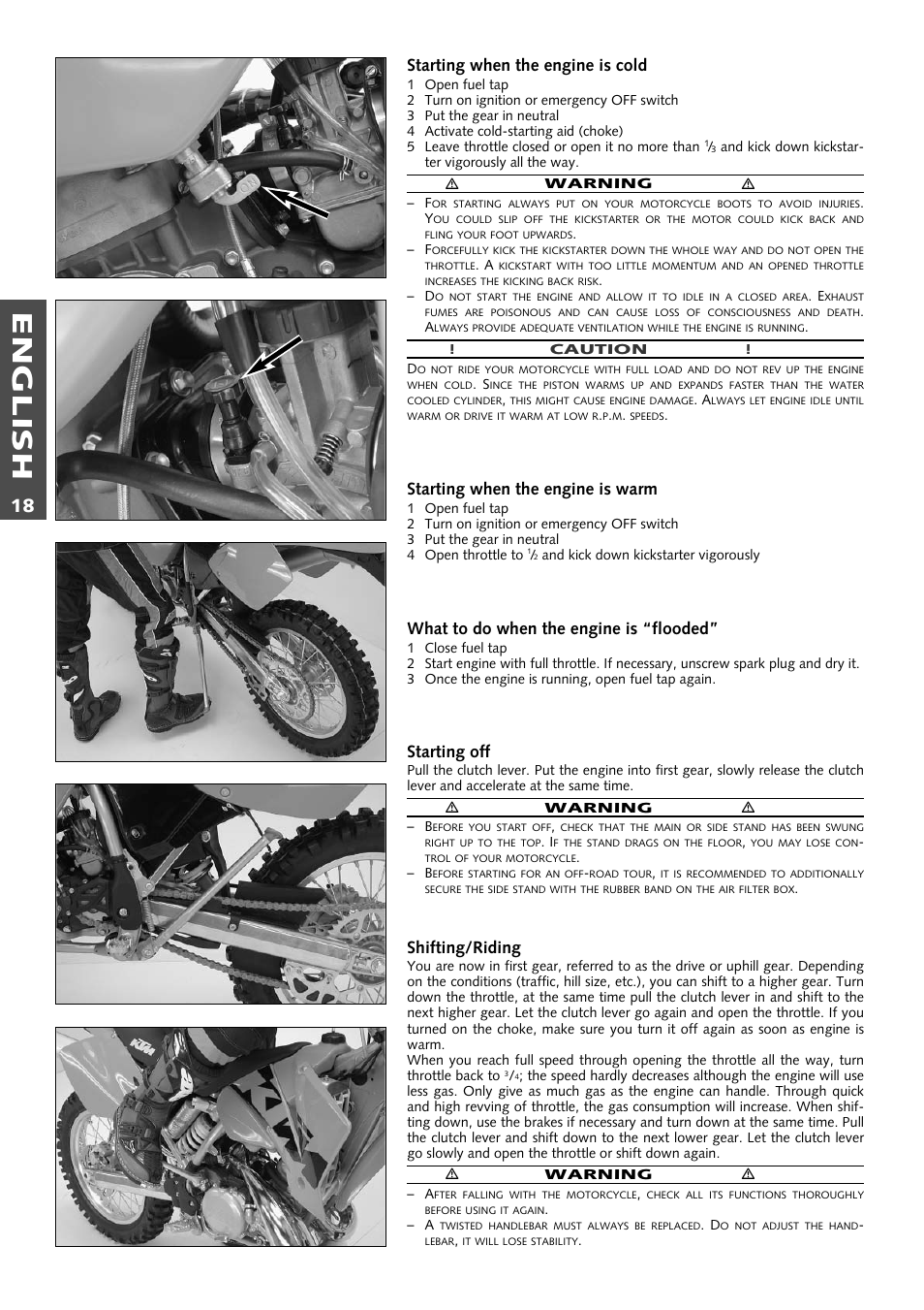 English, Starting when the engine is cold, Starting when the engine is warm | What to do when the engine is “flooded, Starting off, Shifting/riding | KTM 125 User Manual | Page 19 / 67