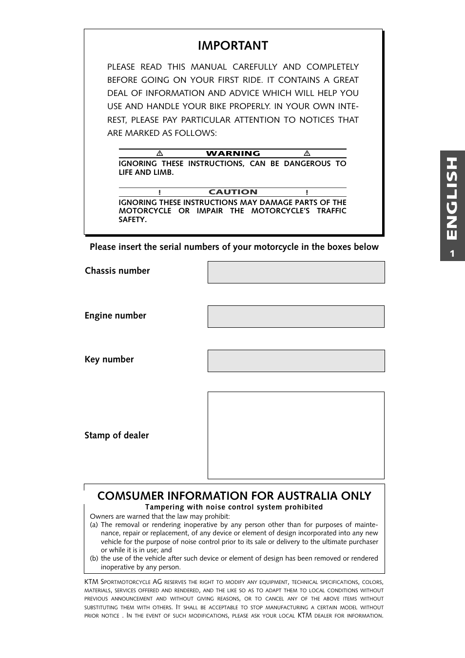 English, Important, Comsumer information for australia only | KTM 125 User Manual | Page 2 / 67