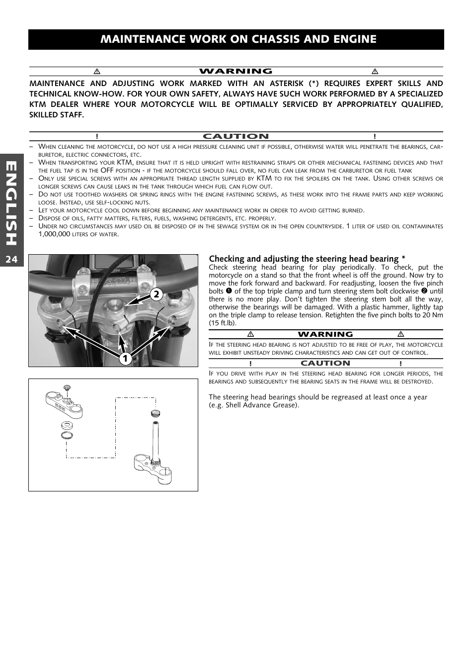 English, Maintenance work on chassis and engine, Checking and adjusting the steering head bearing | KTM 125 User Manual | Page 25 / 67