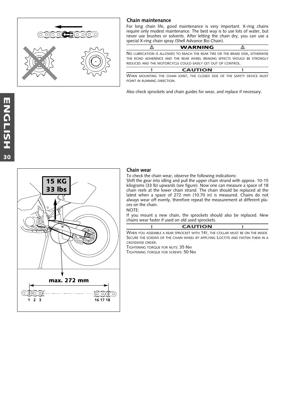 English, 15 kg 33 lbs, Max. 272 mm | KTM 125 User Manual | Page 31 / 67