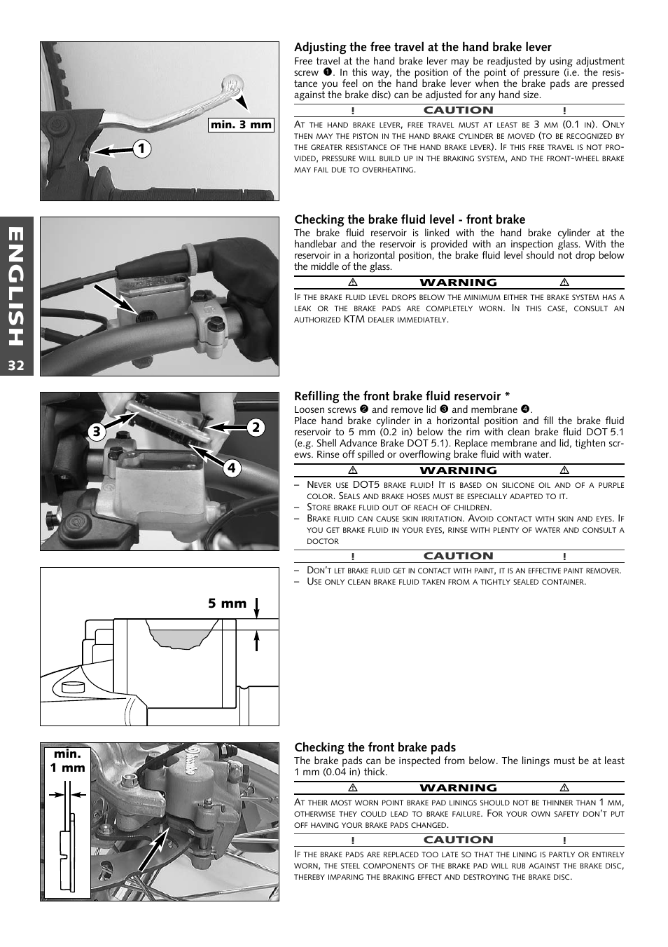 English, 5 mm 3 4 2, Adjusting the free travel at the hand brake lever | Checking the brake fluid level - front brake, Refilling the front brake fluid reservoir, Checking the front brake pads, Min. 1 mm | KTM 125 User Manual | Page 33 / 67
