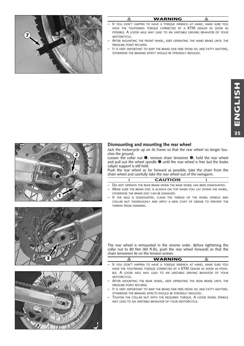 English, Dismounting and mounting the rear wheel | KTM 125 User Manual | Page 36 / 67