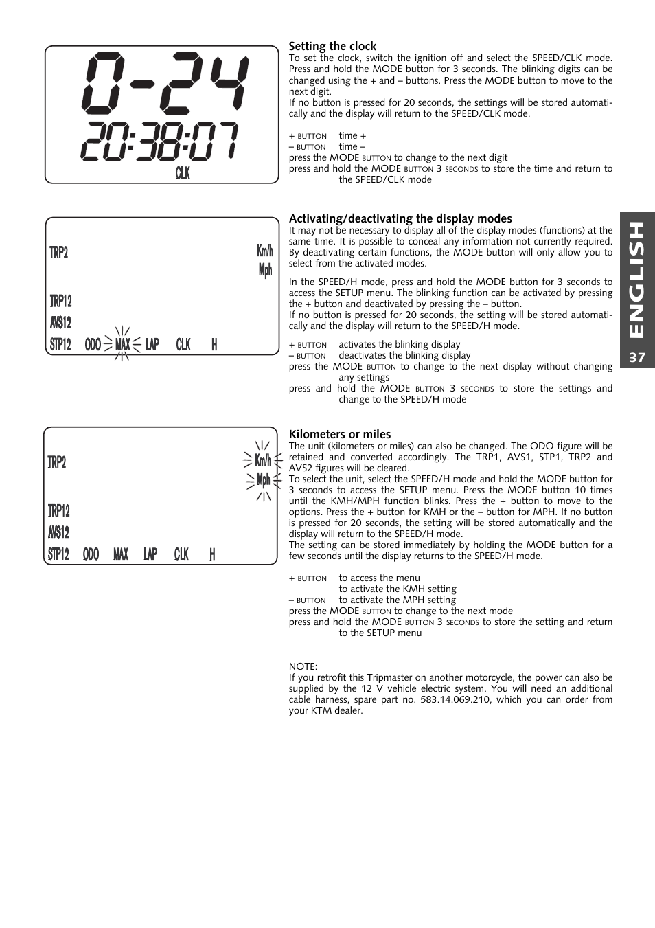 English, Setting the clock, Activating/deactivating the display modes | Kilometers or miles | KTM 125 User Manual | Page 38 / 67