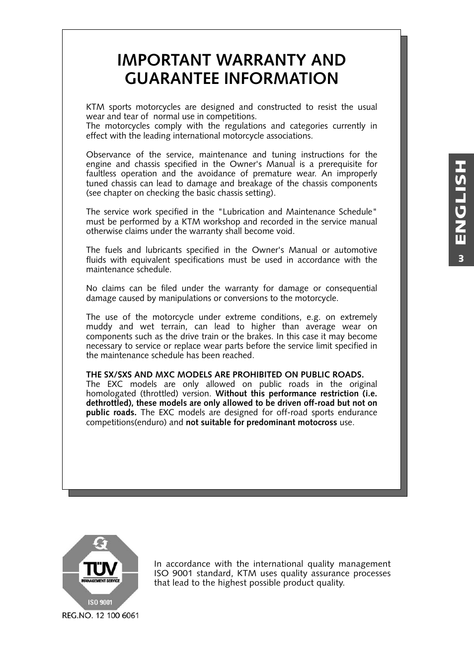 Important warranty and guarantee information, English | KTM 125 User Manual | Page 4 / 67