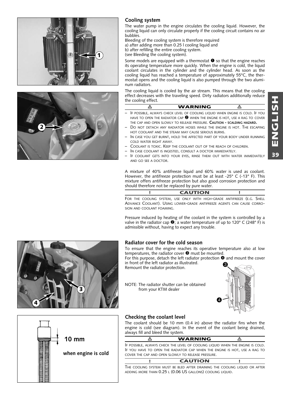 English, 10 mm, Cooling system | Radiator cover for the cold season, Checking the coolant level, When engine is cold | KTM 125 User Manual | Page 40 / 67