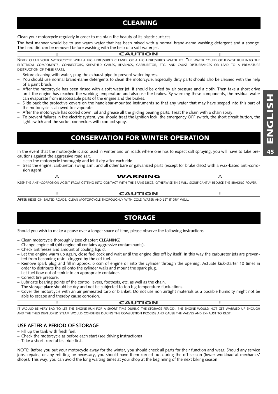 English, Storage, Cleaning | Conservation for winter operation | KTM 125 User Manual | Page 46 / 67