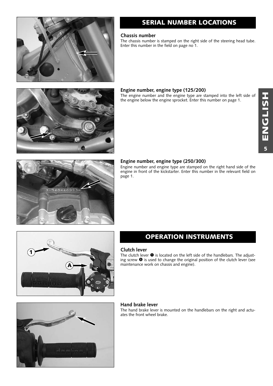 English, Serial number locations operation instruments | KTM 125 User Manual | Page 6 / 67
