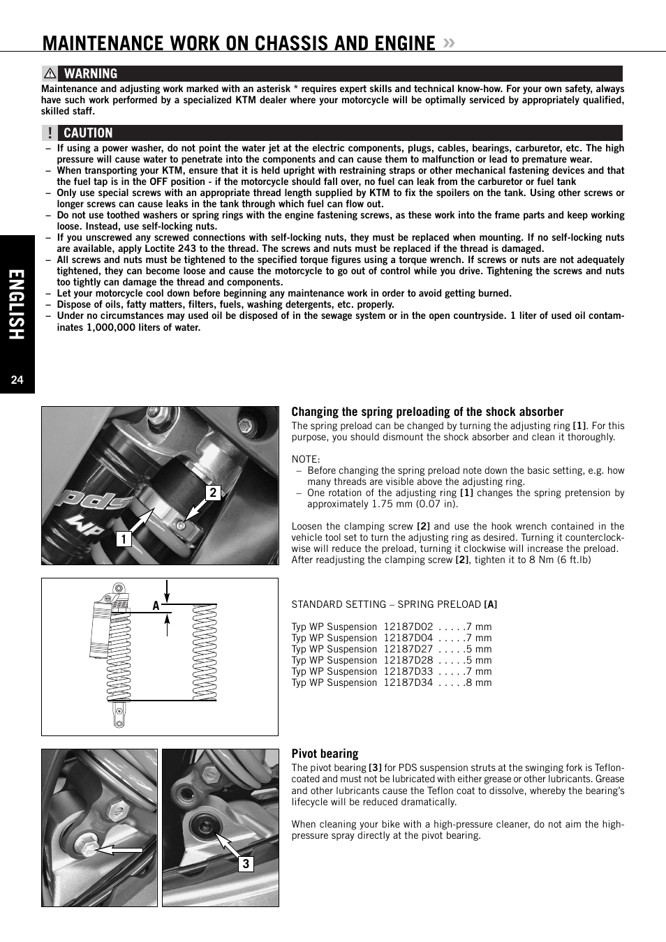 English, Maintenance work on chassis and engine | KTM 125 EXC-E SIX DAYS User Manual | Page 25 / 74