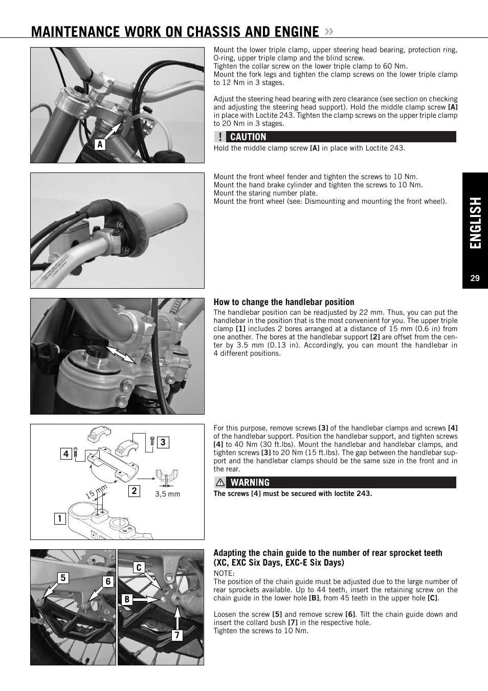 English, Maintenance work on chassis and engine | KTM 125 EXC-E SIX DAYS User Manual | Page 30 / 74