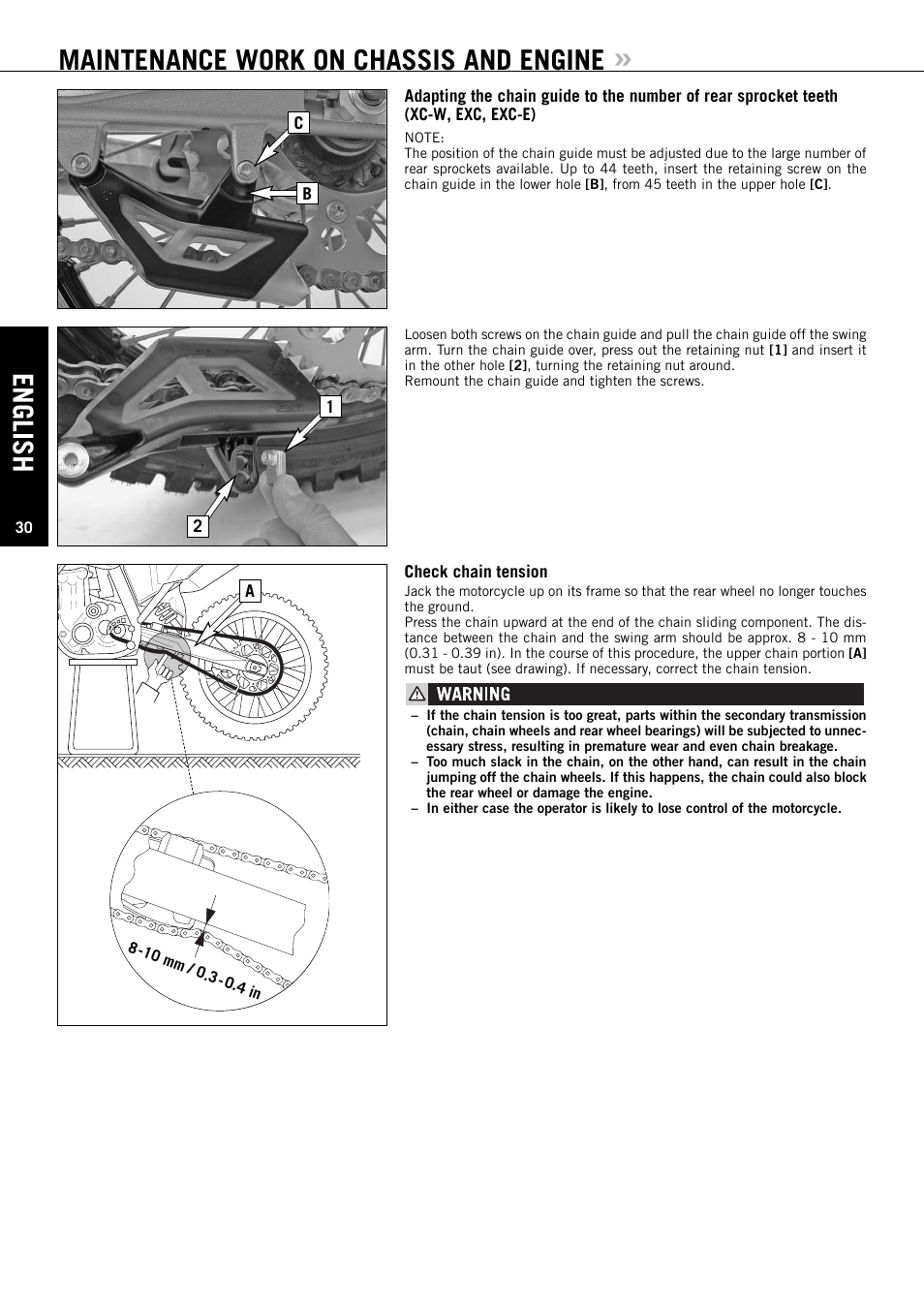 English, Maintenance work on chassis and engine | KTM 125 EXC-E SIX DAYS User Manual | Page 31 / 74