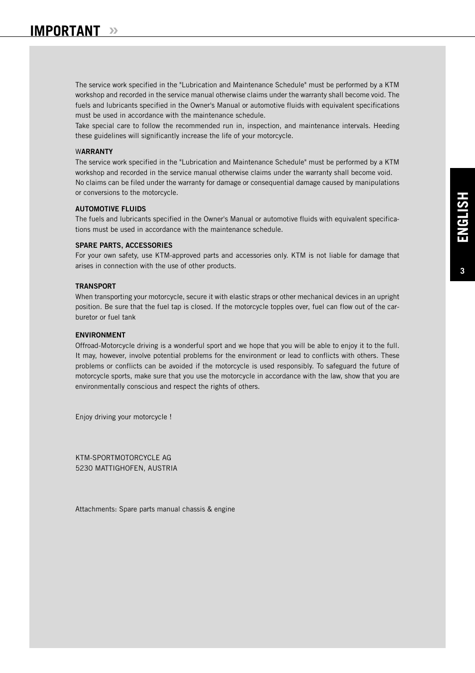 English, Important | KTM 125 EXC-E SIX DAYS User Manual | Page 4 / 74