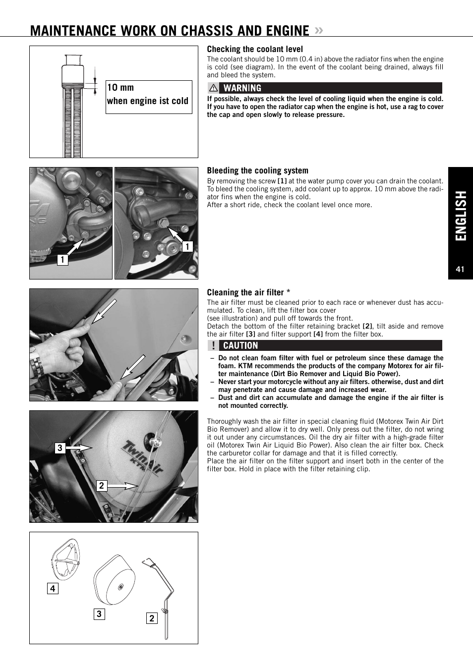 English, Maintenance work on chassis and engine | KTM 125 EXC-E SIX DAYS User Manual | Page 42 / 74