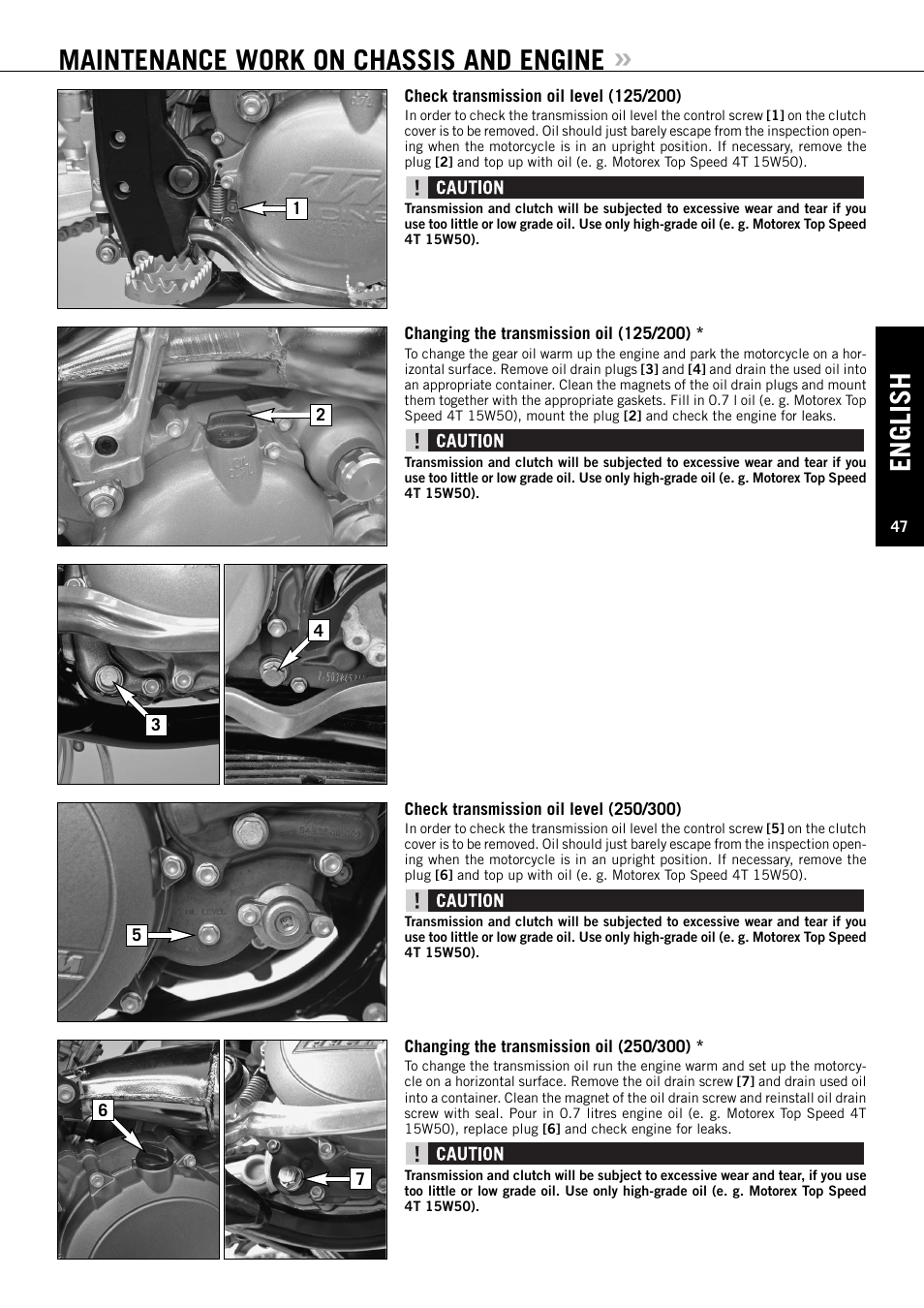 English, Maintenance work on chassis and engine | KTM 125 EXC-E SIX DAYS User Manual | Page 48 / 74