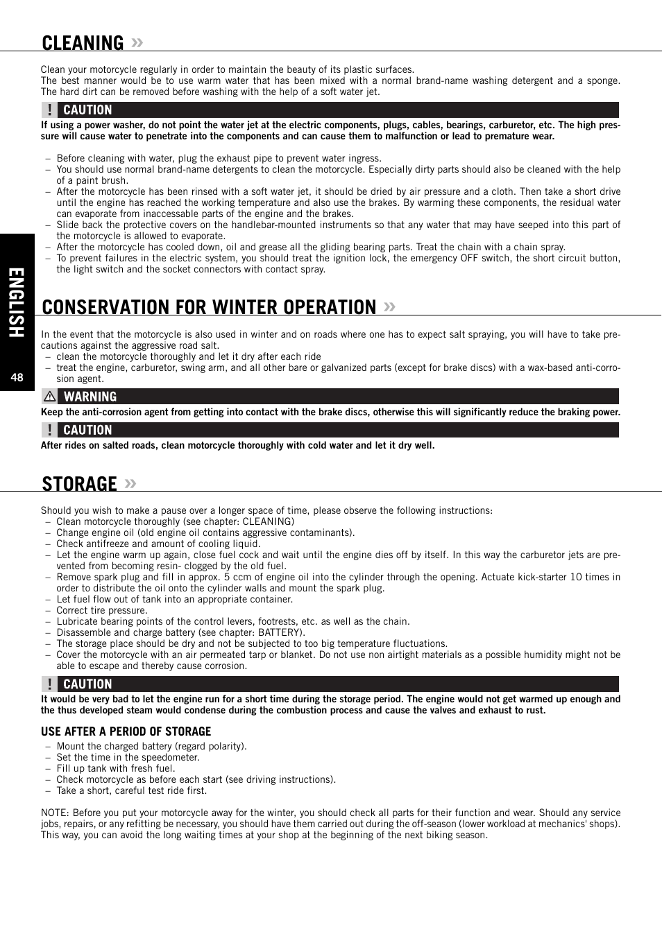 English, Cleaning, Conservation for winter operation | Storage | KTM 125 EXC-E SIX DAYS User Manual | Page 49 / 74