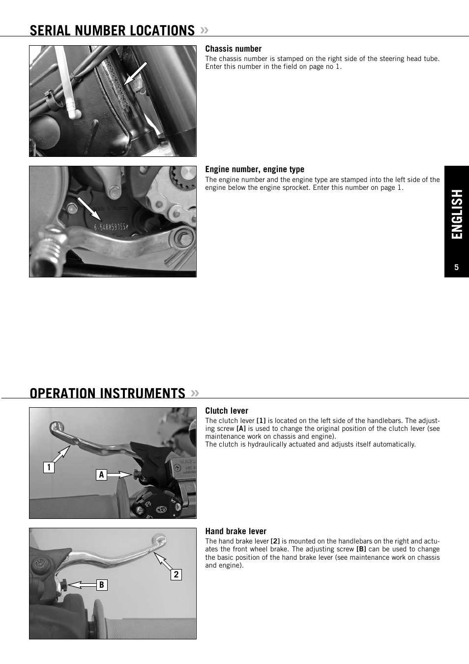 English, Serial number locations, Operation instruments | KTM 125 EXC-E SIX DAYS User Manual | Page 6 / 74
