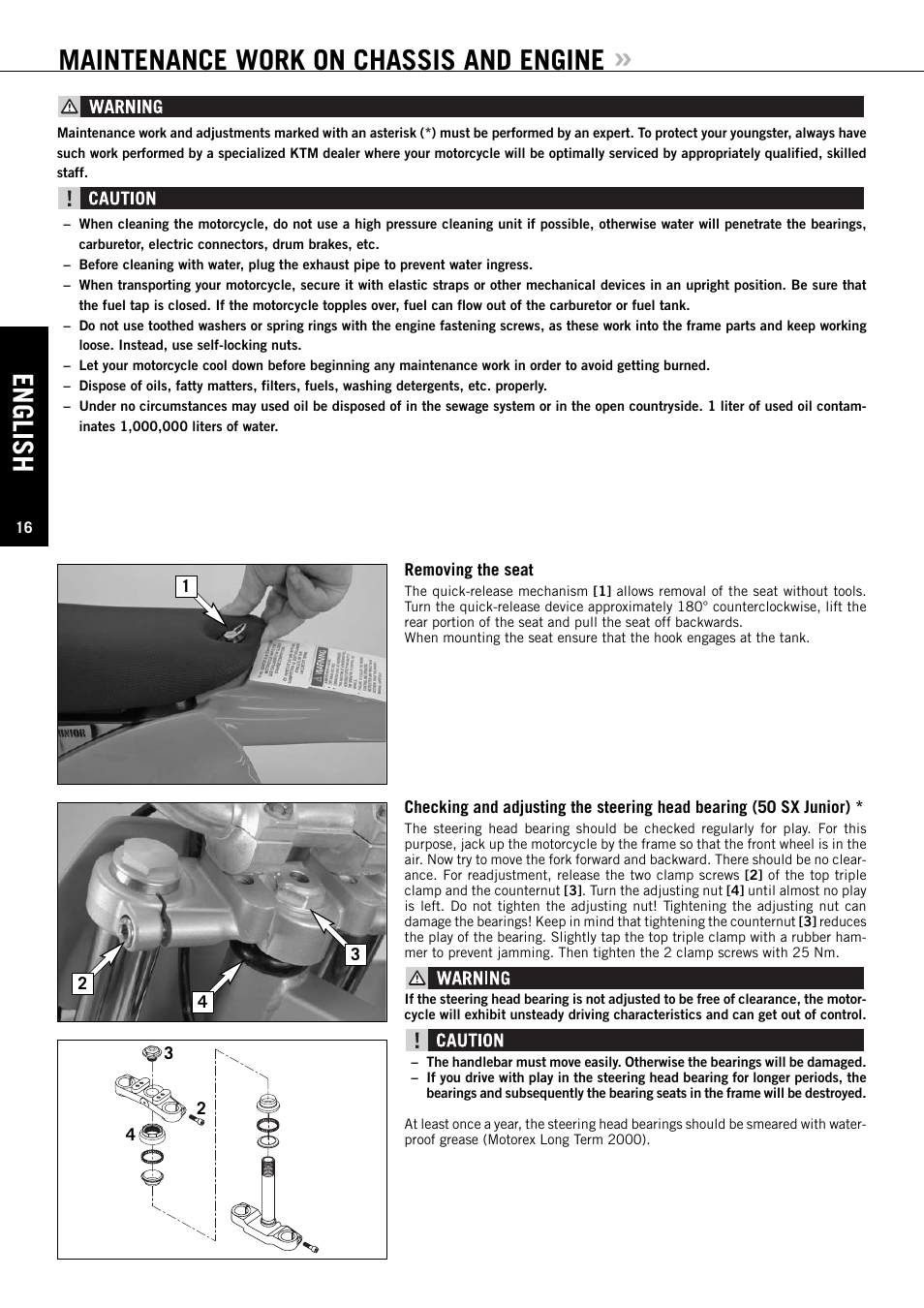 English, Maintenance work on chassis and engine | KTM 50 SX User Manual | Page 17 / 42