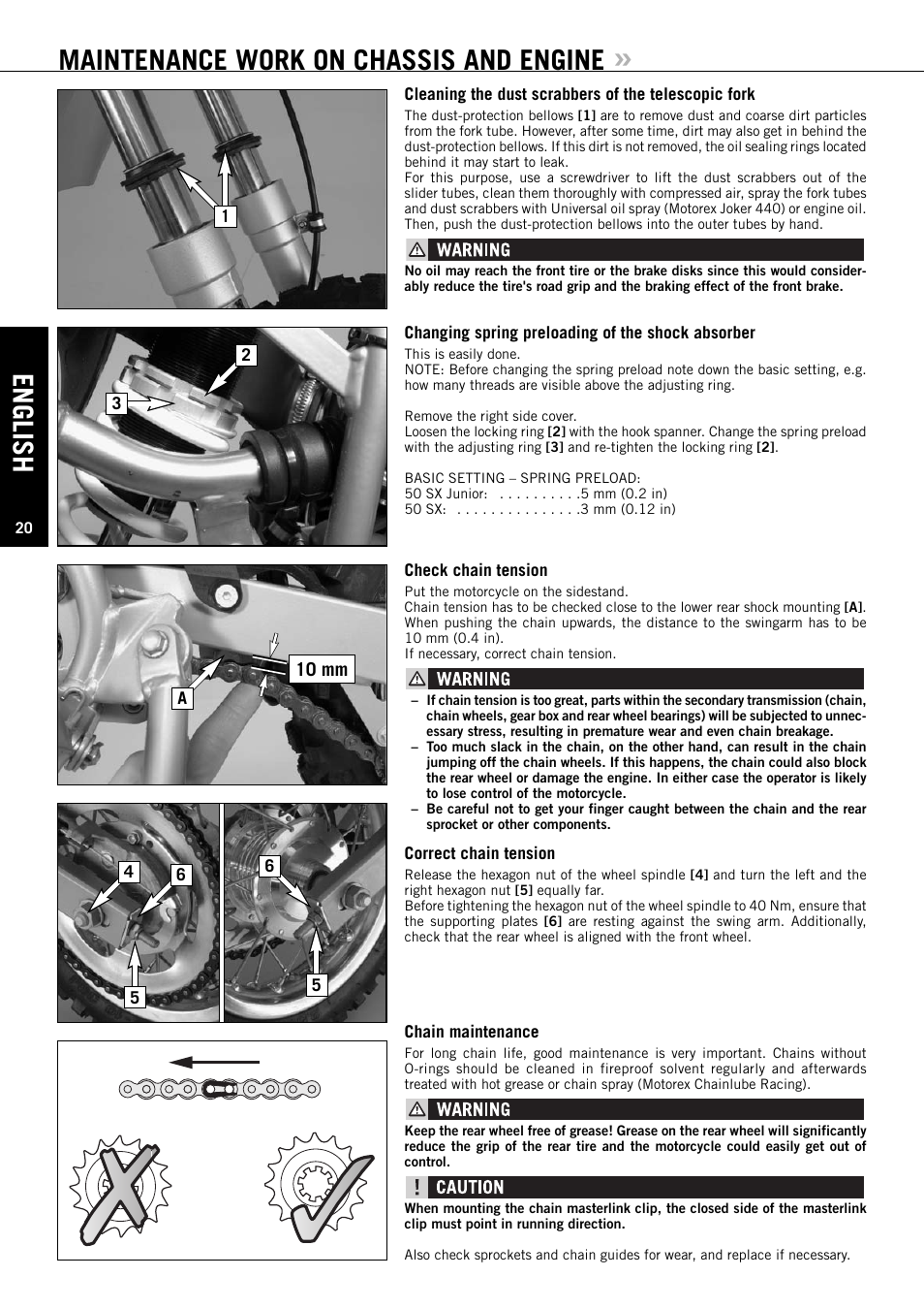 English, Maintenance work on chassis and engine, 10 mm | KTM 50 SX User Manual | Page 21 / 42