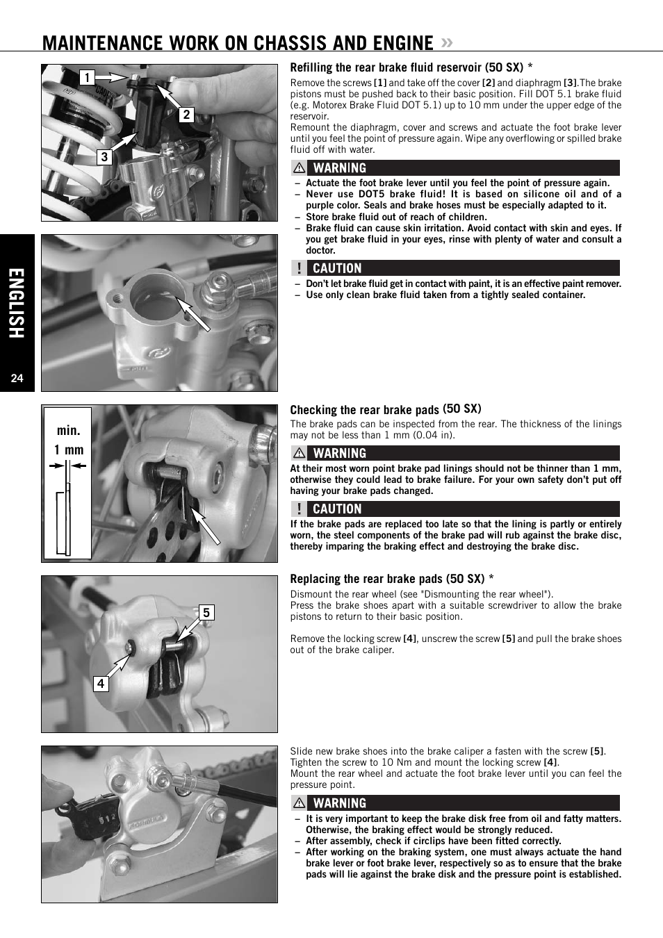 English, Maintenance work on chassis and engine, Min. 1 mm | KTM 50 SX User Manual | Page 25 / 42