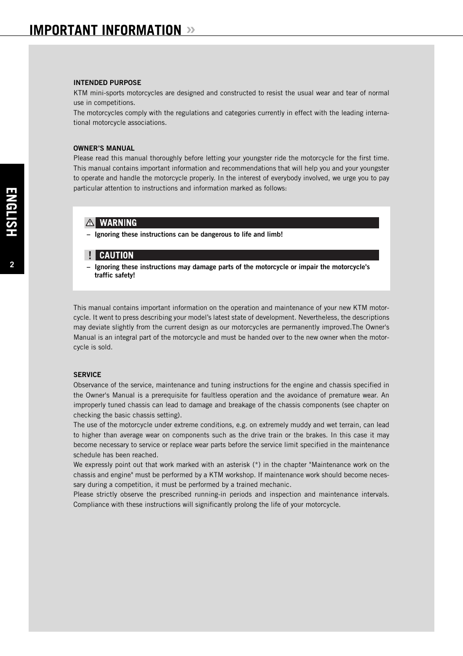 English, Important information | KTM 50 SX User Manual | Page 3 / 42