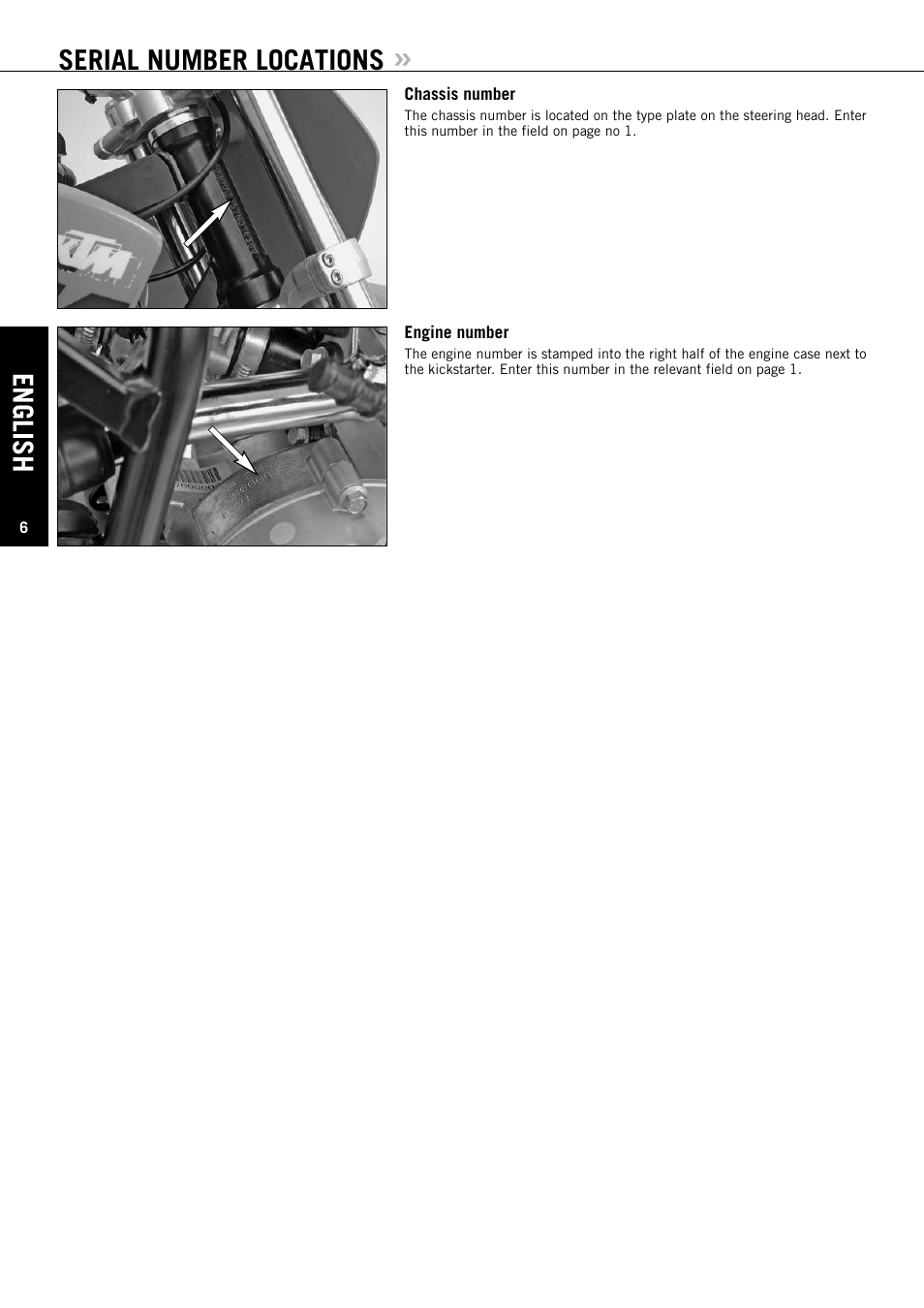 English, Serial number locations | KTM 50 SX User Manual | Page 7 / 42