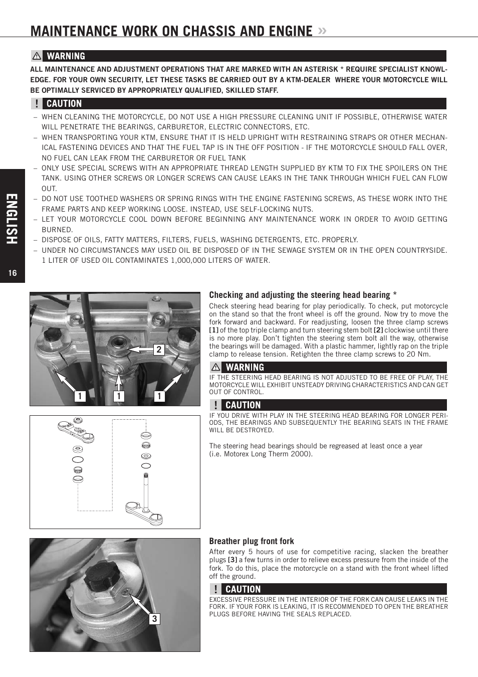 English, Maintenance work on chassis and engine | KTM 85 SX User Manual | Page 17 / 40