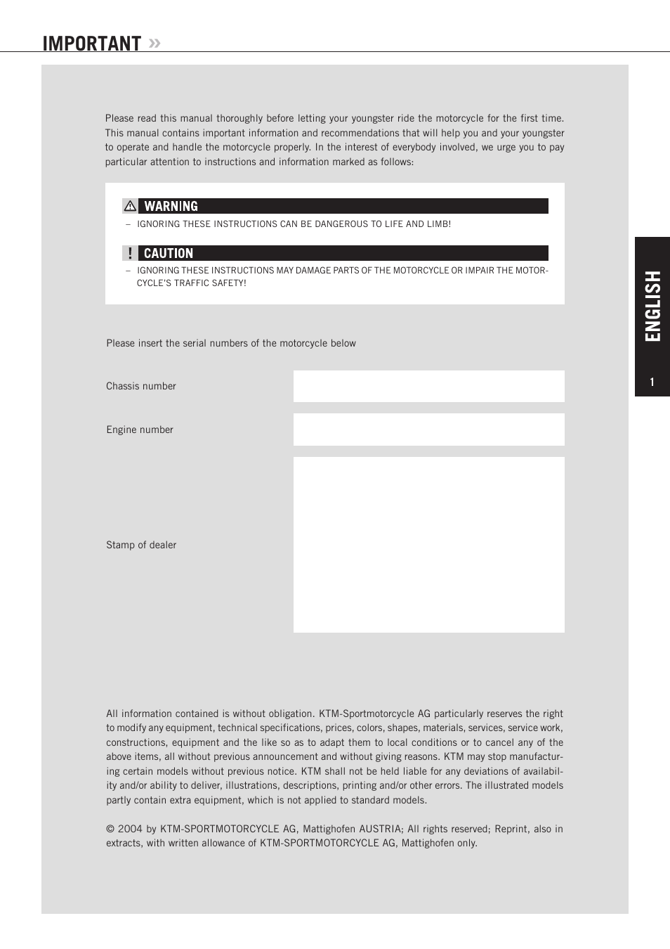 English, Important | KTM 85 SX User Manual | Page 2 / 40