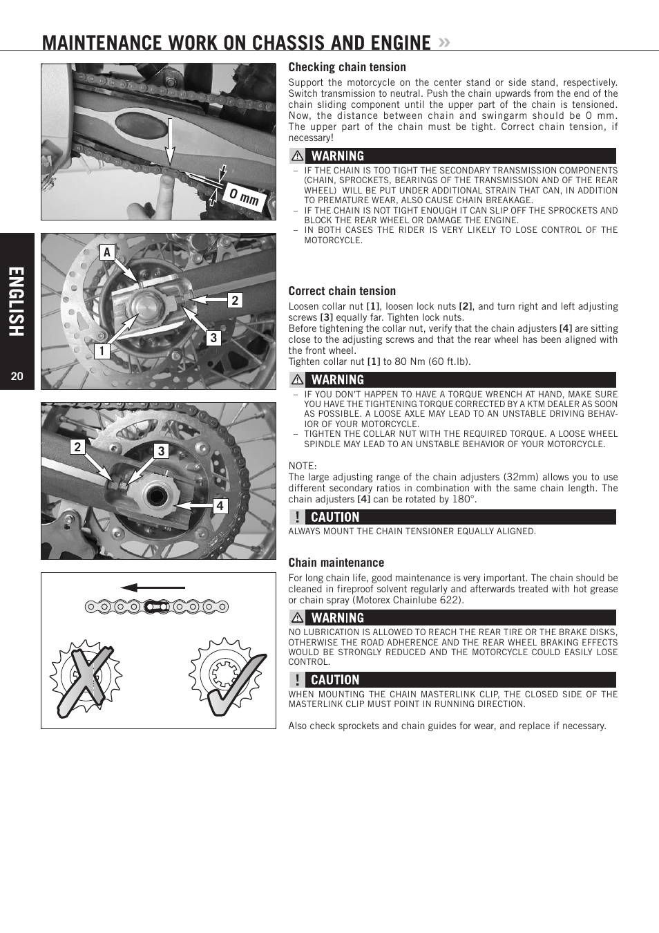 English, Maintenance work on chassis and engine, 0 mm | KTM 85 SX User Manual | Page 21 / 40